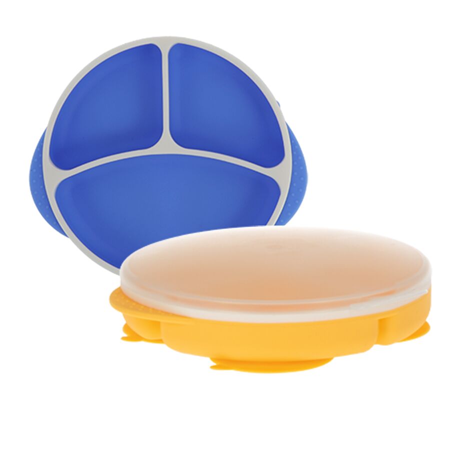 Round Silicone Suction Plate & Lid (2 Pack) | Blue / Yellow (XX3Q)